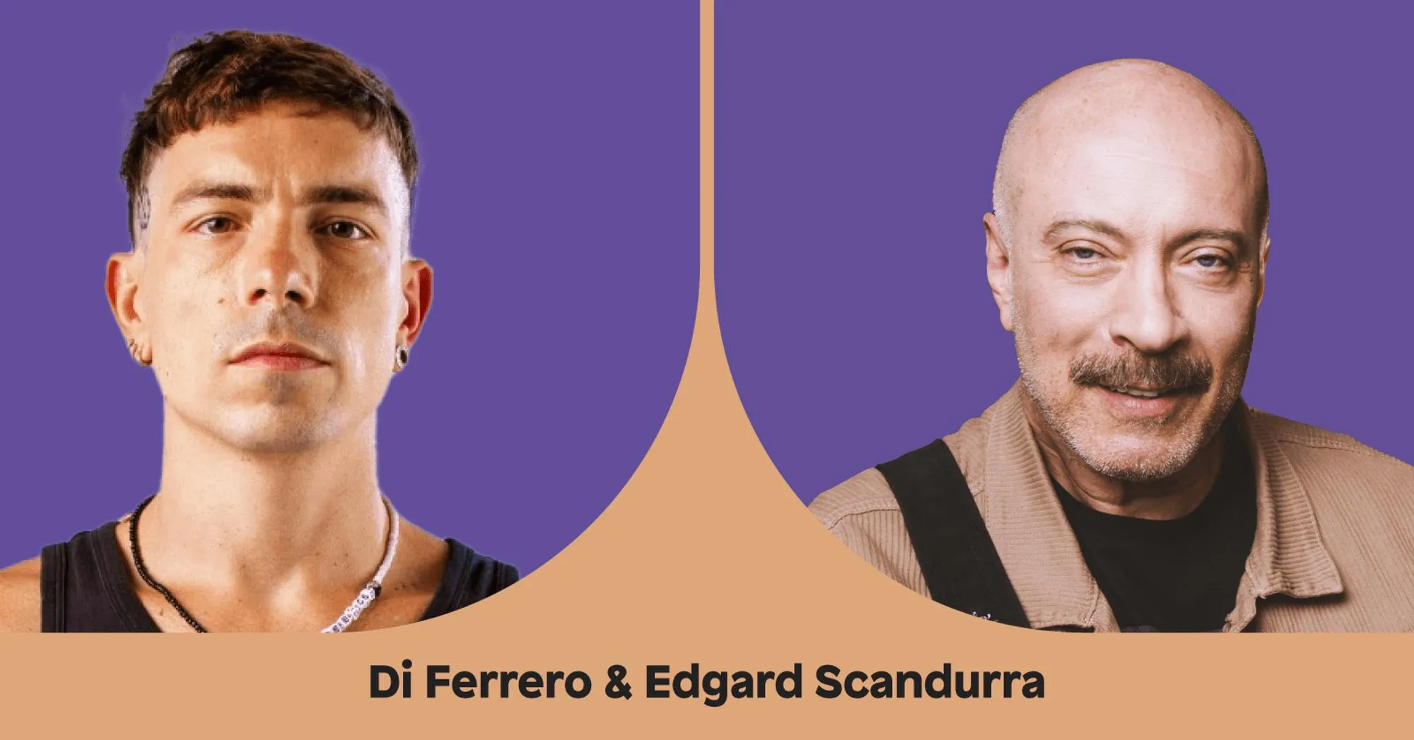 Foto do cantor Di Ferrero, homem branco de cabelos curtos e escuros, com um olhar sério em um fundo roxo. Ao seu lado, o cantor Edgard Scandurra, senhor careca com bigode castanho, no mesmo fundo roxo