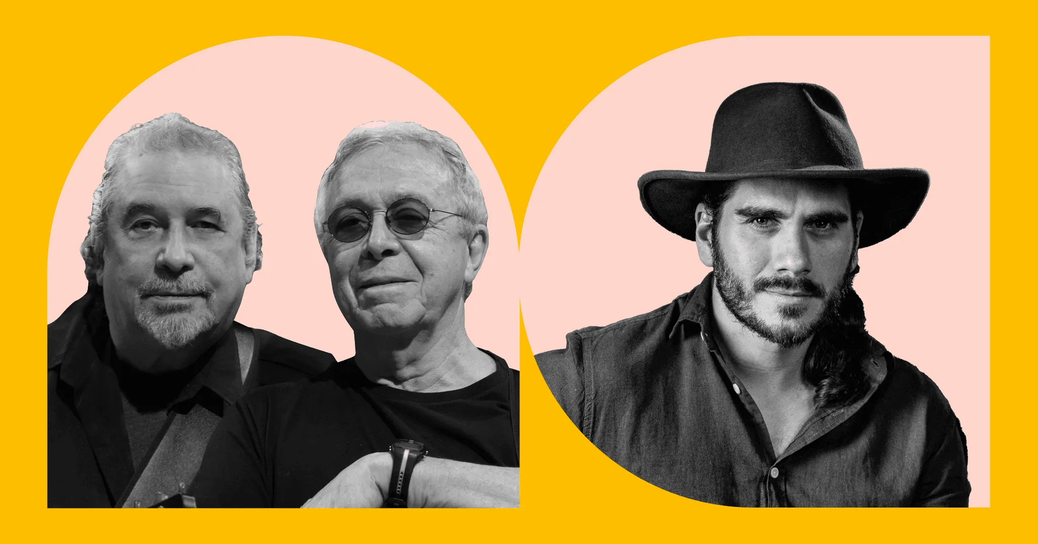 Imagem de divulgação com fotos de Gabriel Sater e Sá & Guarabyra. A imagem de fundo amarelo e formas organicas arredondadas, em rosa, por onde se vê os artistas.