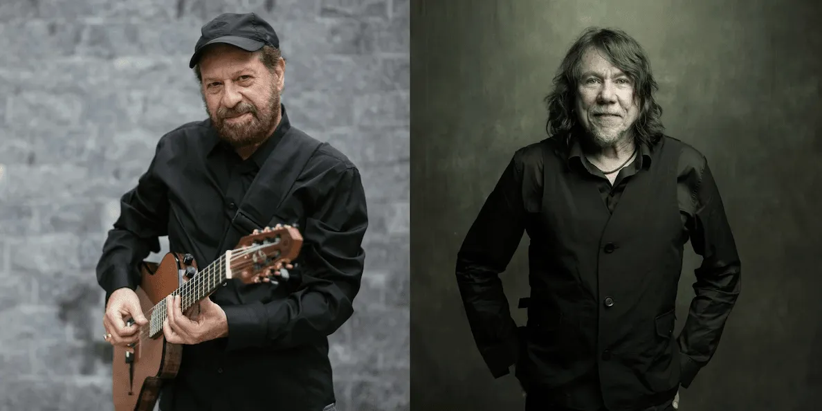 A capa possui duas fotos distintas. Na direita, foto do cantor Lenine. Homem branco, de cabelos castanhos, lisos e compridos. A esquerda, foto do cantor João Bosco. Homem branco, de cabelos castanhos e curtos.