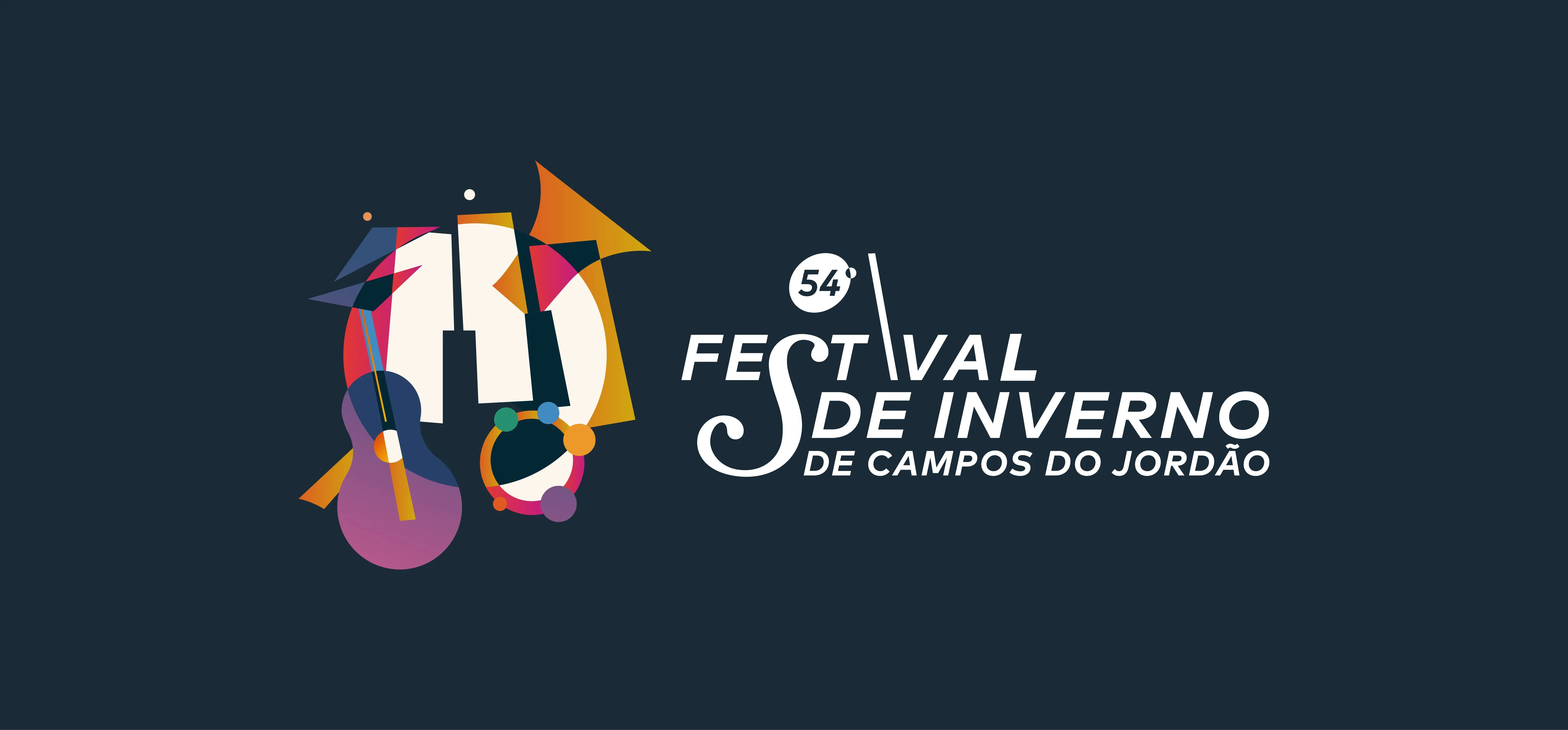 Logo do 54º Festival de Inverno de Campos do Jordão, com o nome do festival escrito em branco e um ícone colorido que mescla silhuetas de instrumentos.